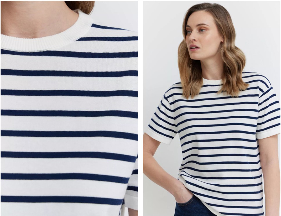 kobieta w t-shircie o marynarskim stylu na białym tle