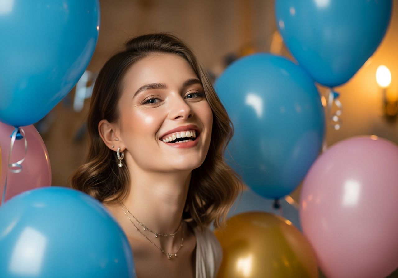 Młoda kobieta uśmiecha się na przyjęciu urodzinowym w otoczeniu balonów i ciepłego światła