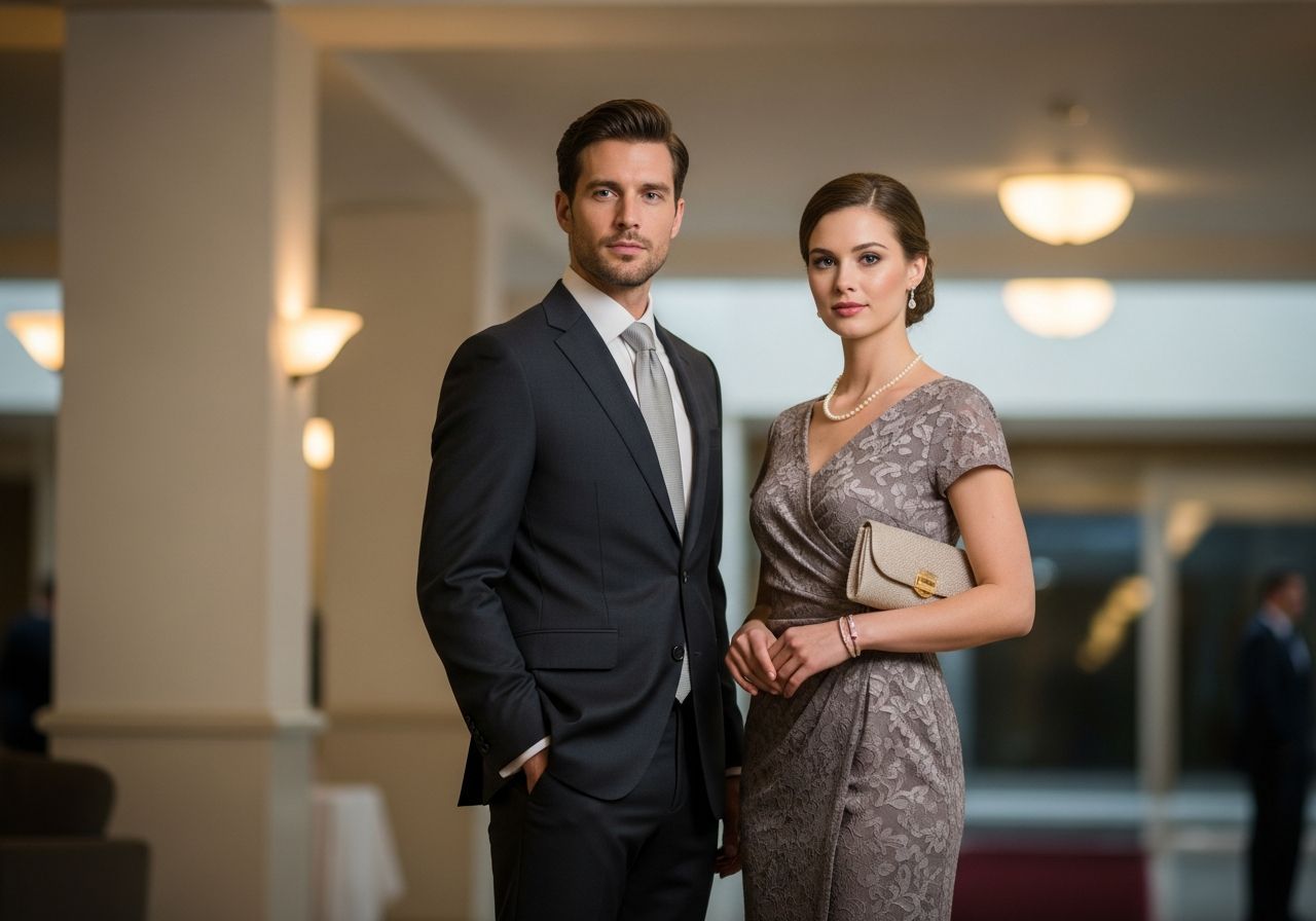 Mężczyzna w garniturze i kobieta w sukni wieczorowej stoją w eleganckim wnętrzu formalnym.