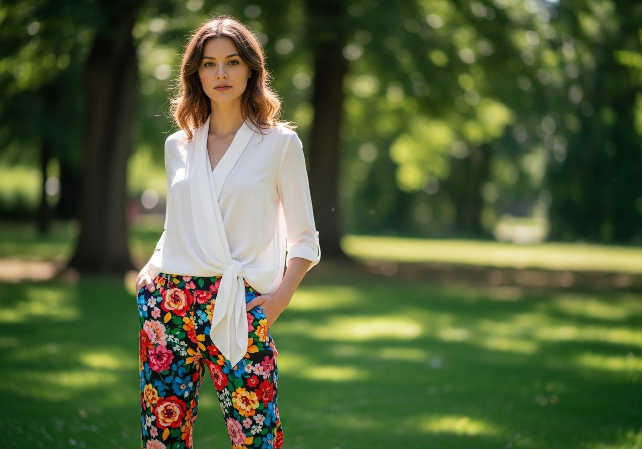 Młoda kobieta w białej bluzce i kwiatowych spodniach stoi w parku na tle zieleni.