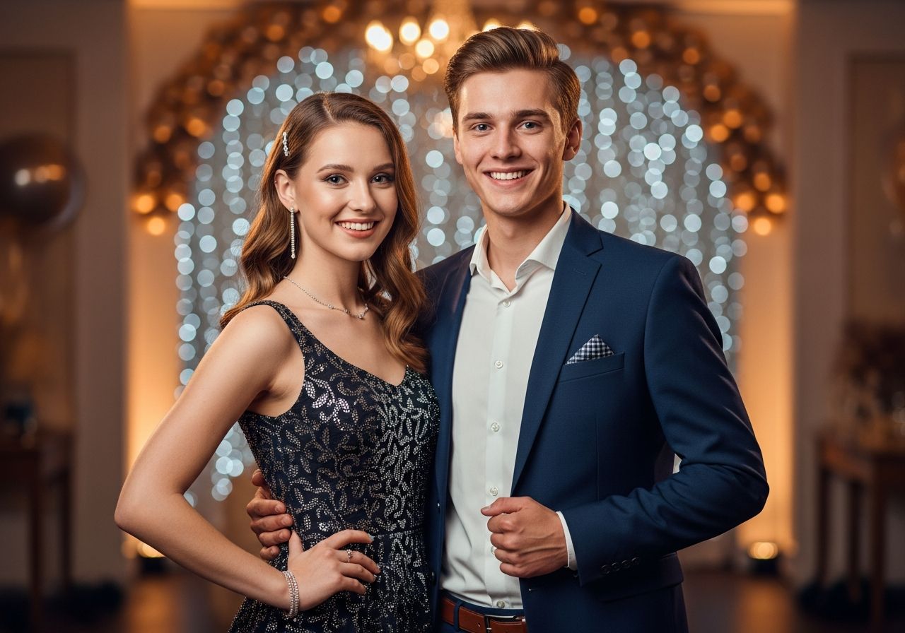 18-letnia para w eleganckich strojach na przyjęciu urodzinowym, uśmiechnięci, na tle dekoracji imprezowej