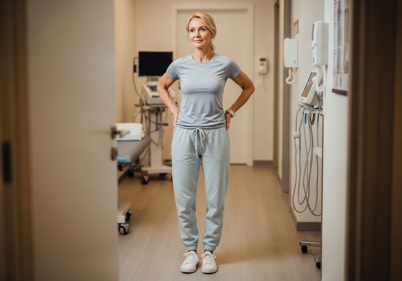 Kobieta w sportowym stroju przygotowująca się do testu wysiłkowego w nowoczesnym korytarzu kliniki