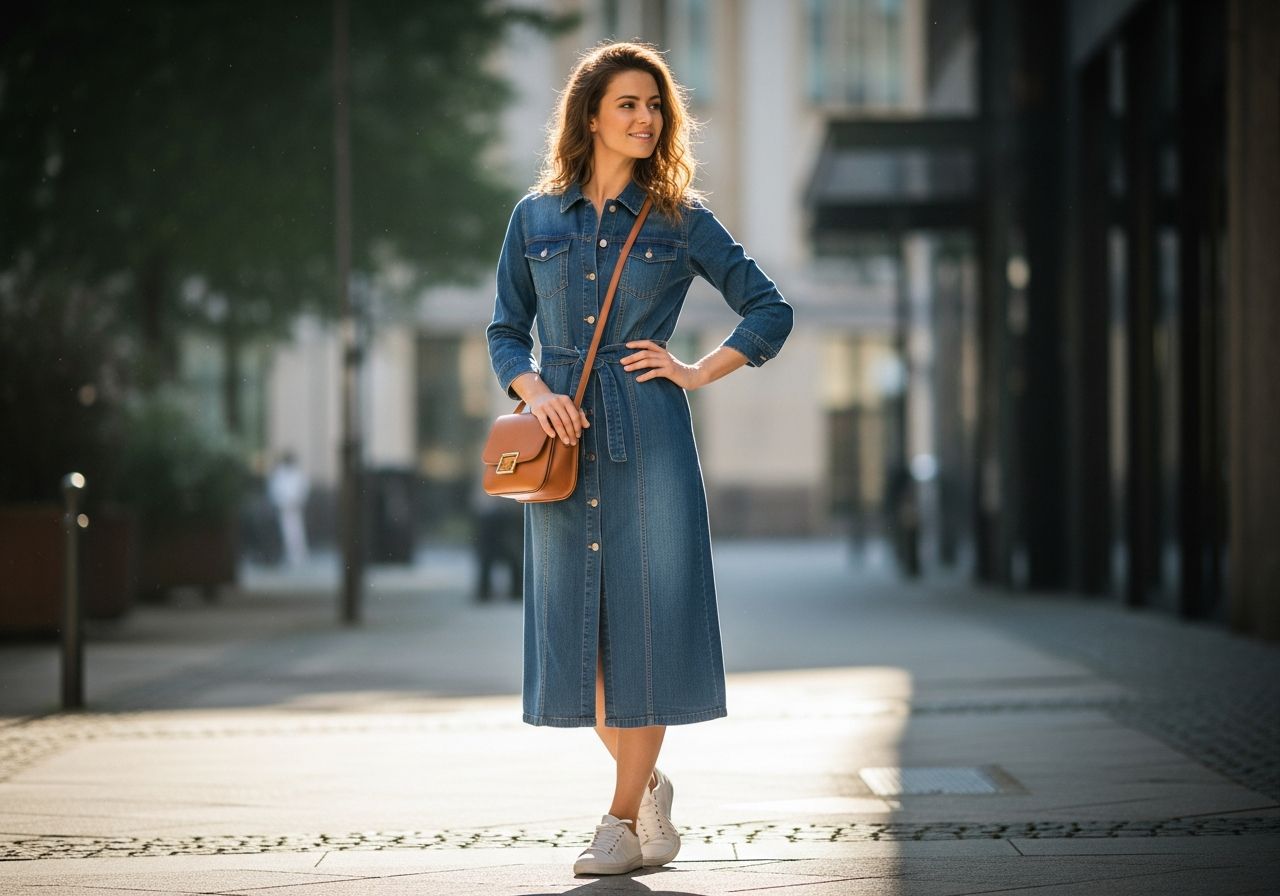 Młoda kobieta w jeansowej sukience i białych sneakersach stoi na miejskiej ulicy w naturalnym świetle.
