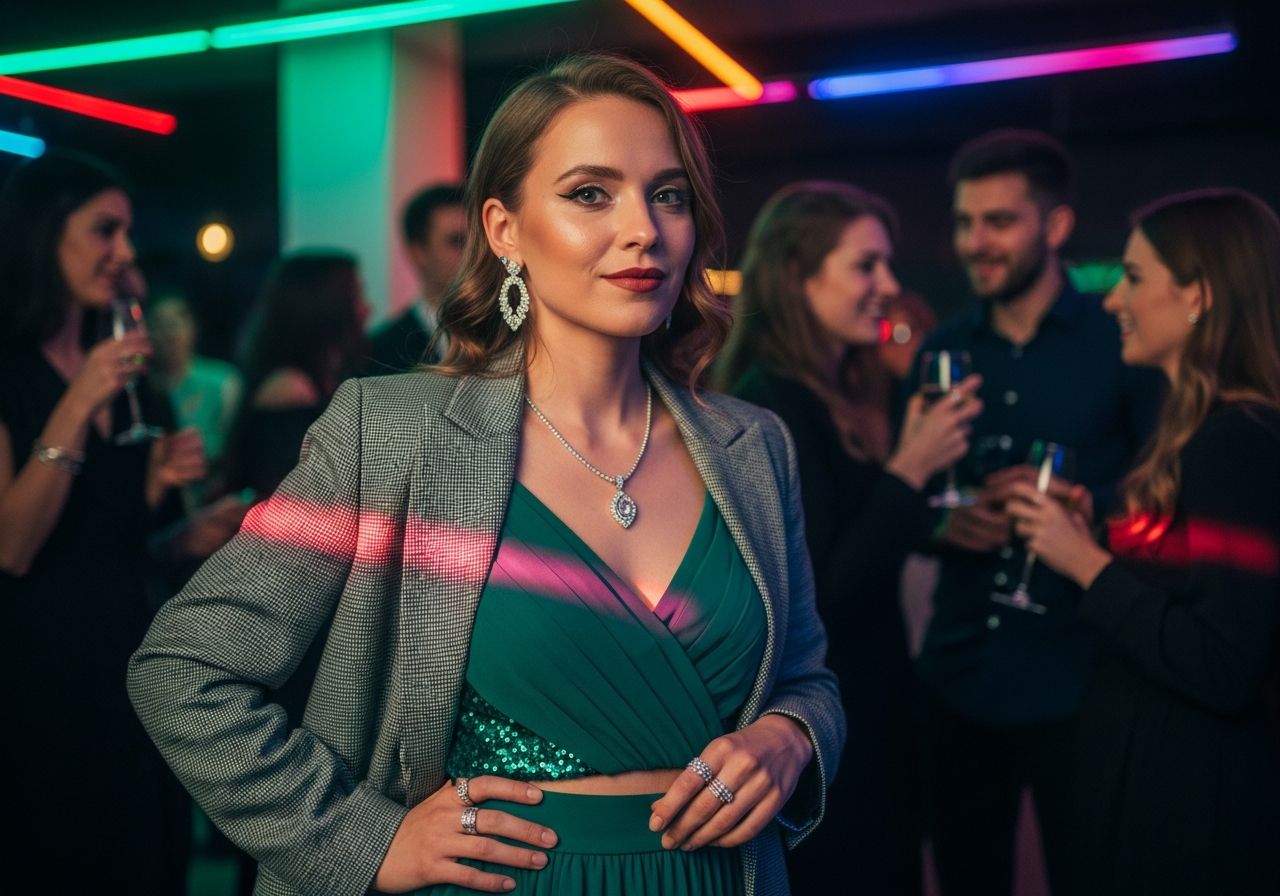 Młoda kobieta na imprezie w eleganckim stroju z błyszczącymi dodatkami, tło z ludźmi i kolorowym oświetleniem