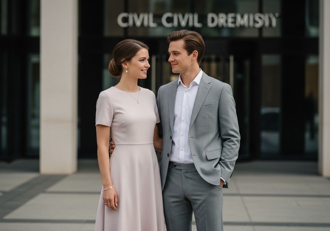 Młoda para przed nowoczesnym budynkiem urzędu stanu cywilnego w eleganckich ubraniach, uśmiechnięci.